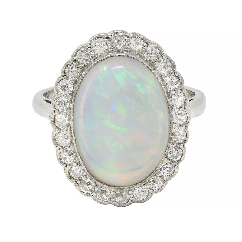 Opal Art Deco Jelly Opal Diamond Platinum 18 Karat Gold Vintage Halo Ring