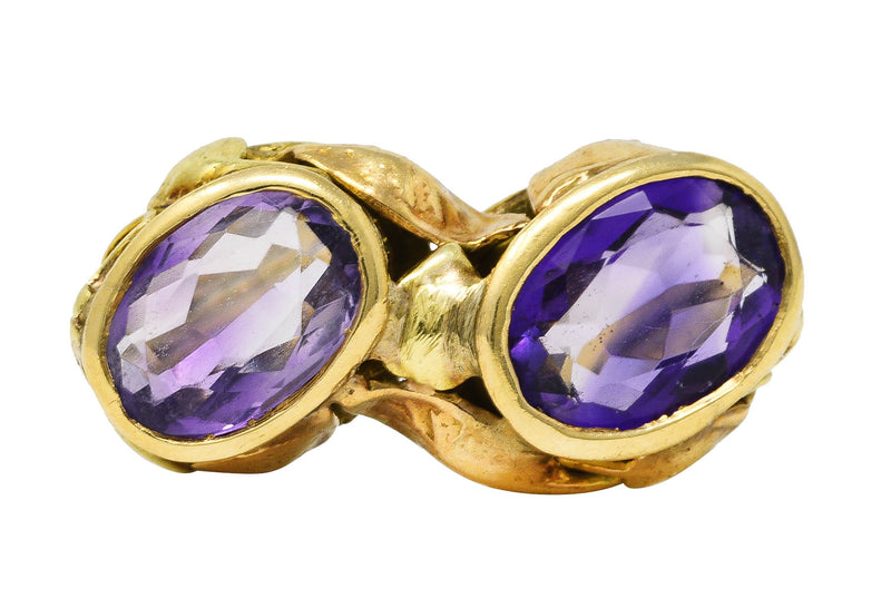 Arts & Crafts Amethyst 14 Karat Two-Tone Gold Foliate Antique Ring