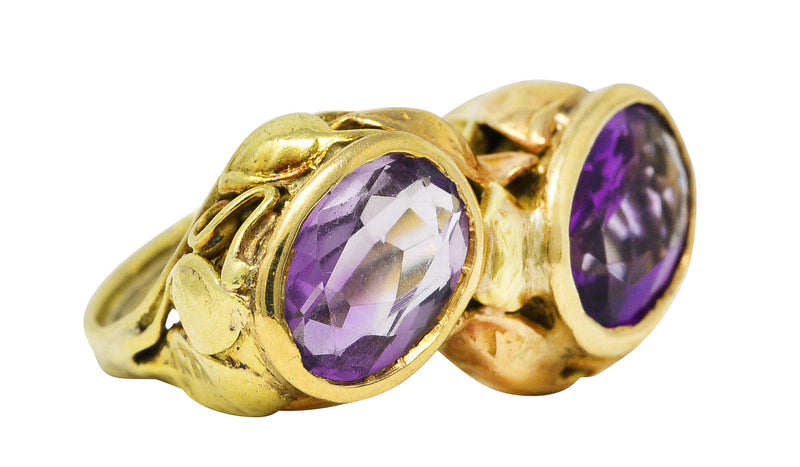 Arts & Crafts Amethyst 14 Karat Two-Tone Gold Foliate Antique Ring