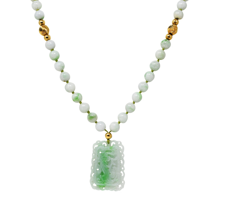 1960’s Natural Jadeite Jade 14 Karat Yellow Gold Beaded Strand Carved Vintage Pendant Necklace GIA