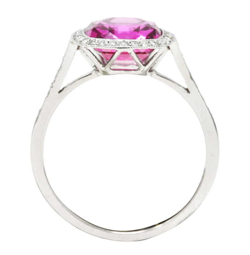 Contemporary 3.60 CTW Pink Sapphire Diamond Platinum Diamond Halo Gemstone Ring GIA