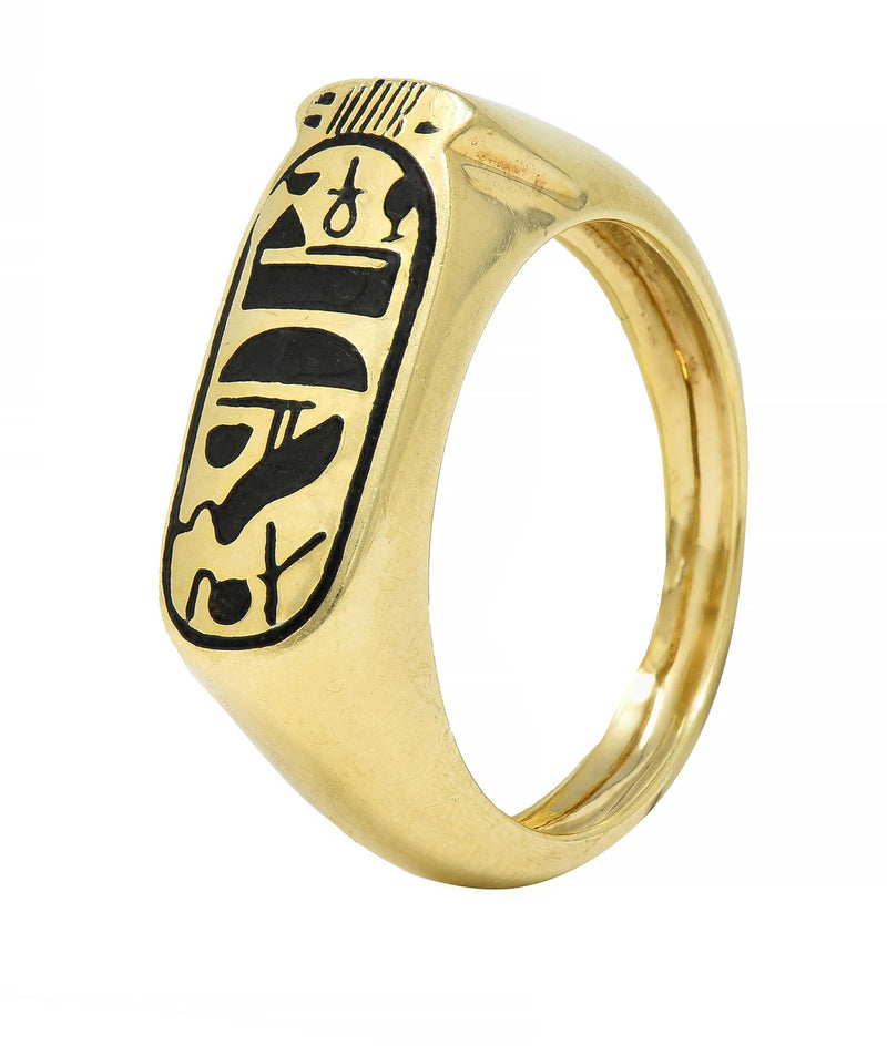 Contemporary Enamel 14 Karat Yellow Gold Egyptian Revival Cartouche Signet Ring