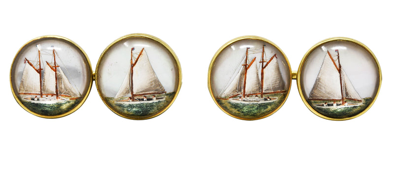 Marcus & Co. Edwardian Painted Essex Crystal Mother-Of-Pearl 14 Karat Yellow Gold Sailboat Antique Men’s Cufflinks