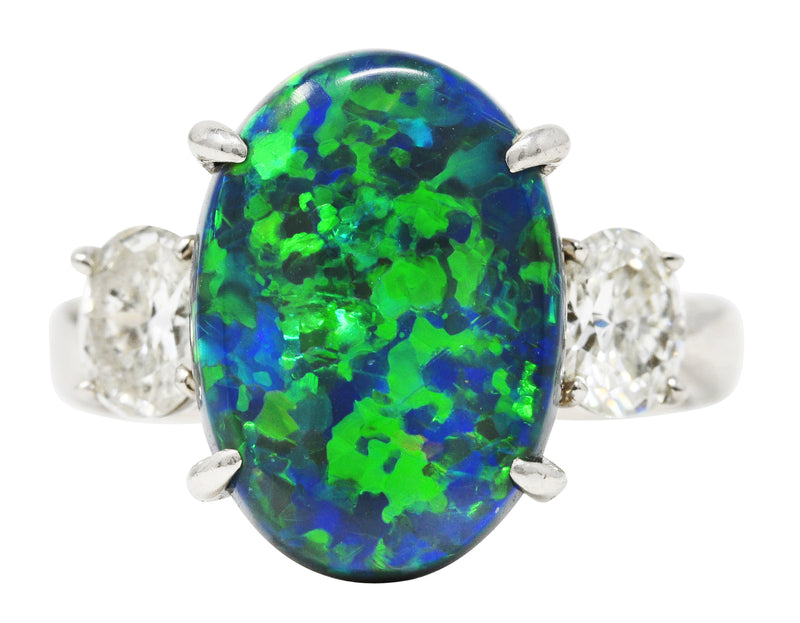 Black Opal Oval Cut Diamond Platinum Three Stone Gemstone Ring