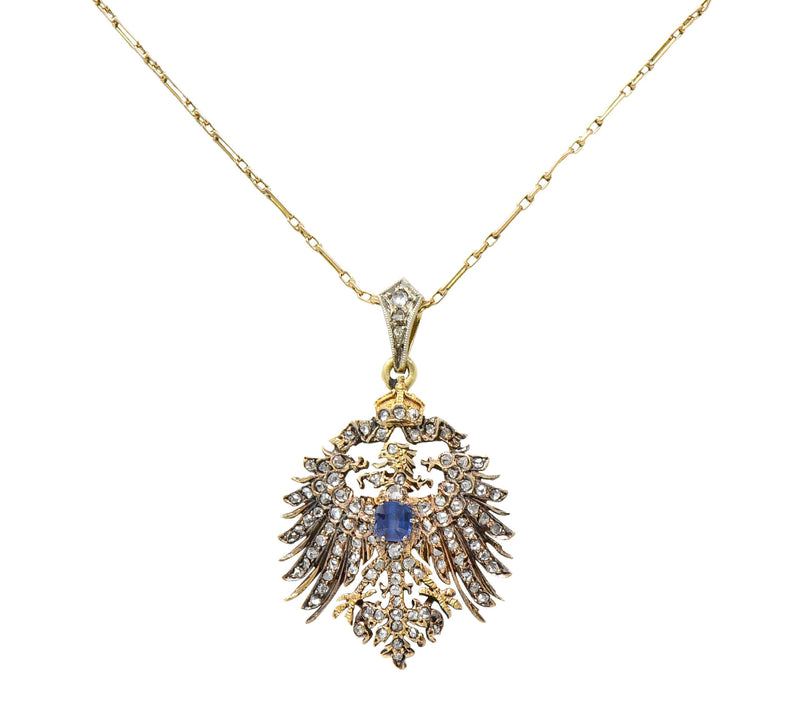 Victorian 1.33 CTW Diamond Sapphire 14 Karat Two-Tone Gold Prussian Eagle Antique Pendant Necklace