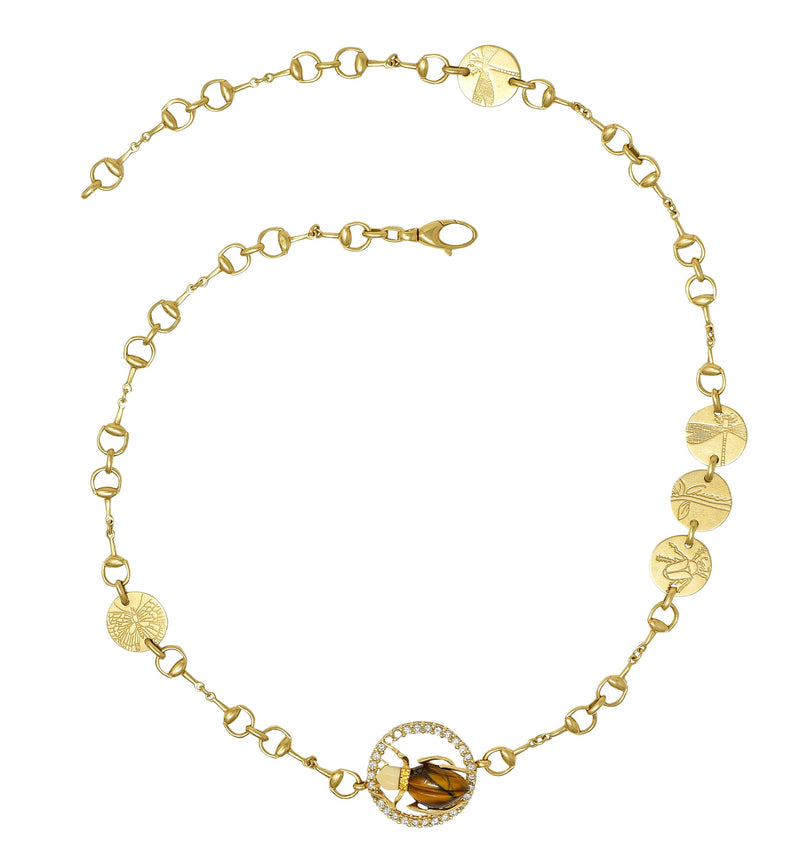 Gucci 2010 Diamond Tigers Eye Agate 18 Karat Yellow Gold Flora Beetle Horsebit Chain Link Necklace