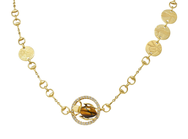 Gucci 2010 Diamond Tigers Eye Agate 18 Karat Yellow Gold Flora Beetle Horsebit Chain Link Necklace