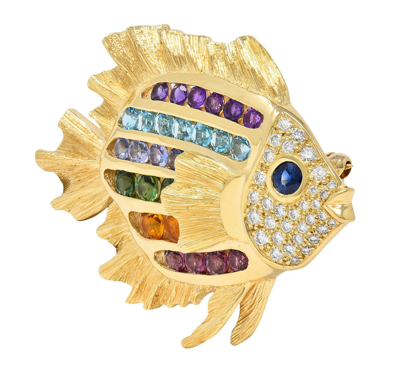 Diamond Sapphire Topaz Citrine Multi-Gem 14 Karat Gold Vintage Fish Brooch