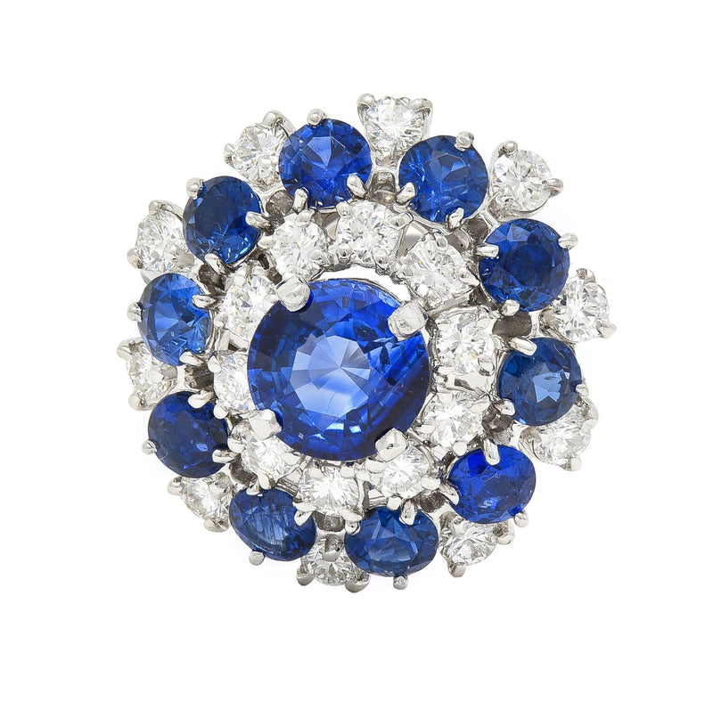 Mid-Century 5.23 CTW Diamond Blue Sapphire Platinum Tiered Vintage Cluster Ring