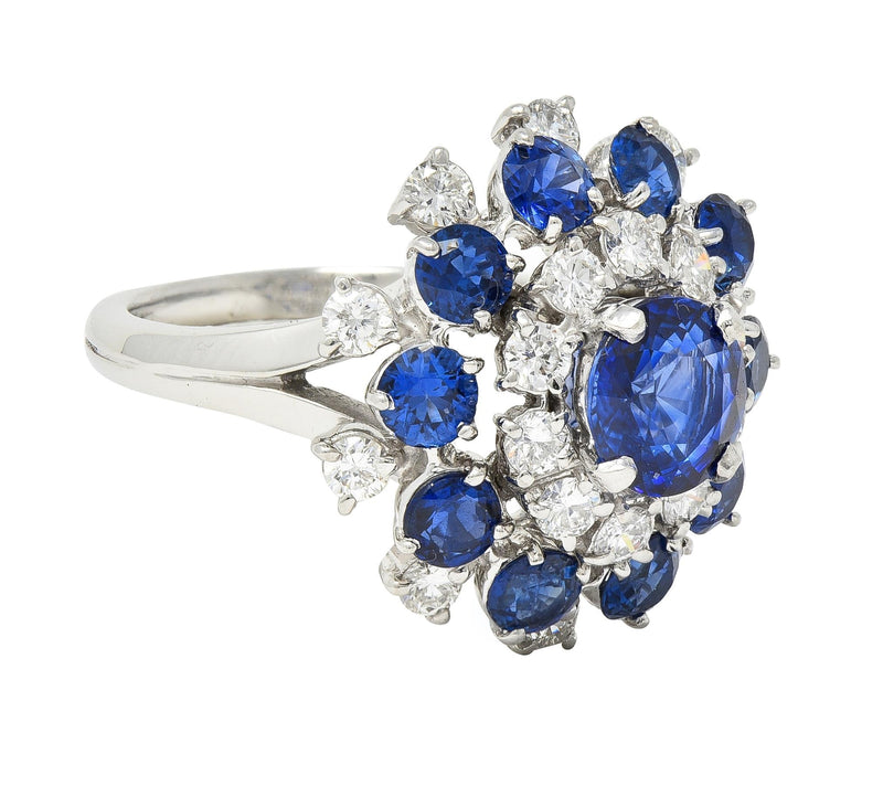 Mid-Century 5.23 CTW Diamond Blue Sapphire Platinum Tiered Vintage Cluster Ring