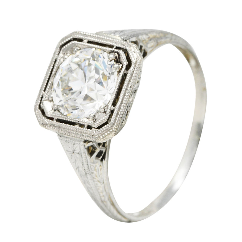 Art Deco Old European 1.34 CTW Diamond 18 Karat Octagonal Lattice Engagement Ring GIA