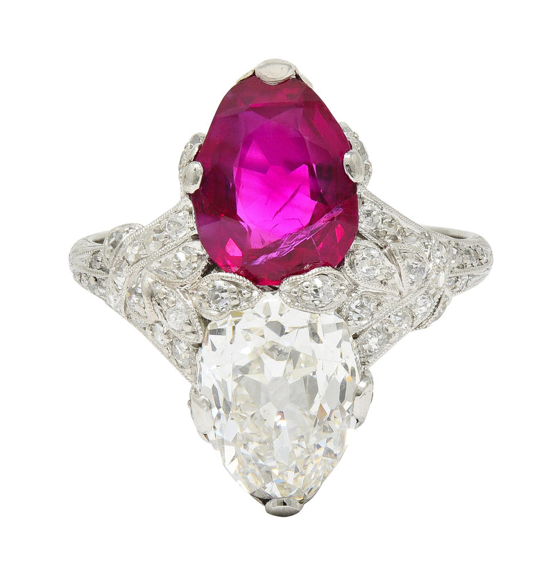 Exceptional Art Deco 7.22 CTW Diamond No Heat Burma Ruby Platinum Toi-Et-Moi Antique Ring GIA AGL