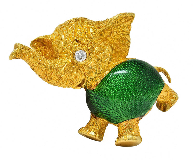 1960’s Diamond Basse-Taille Enamel 18 Karat Yellow Gold Elephant Brooch