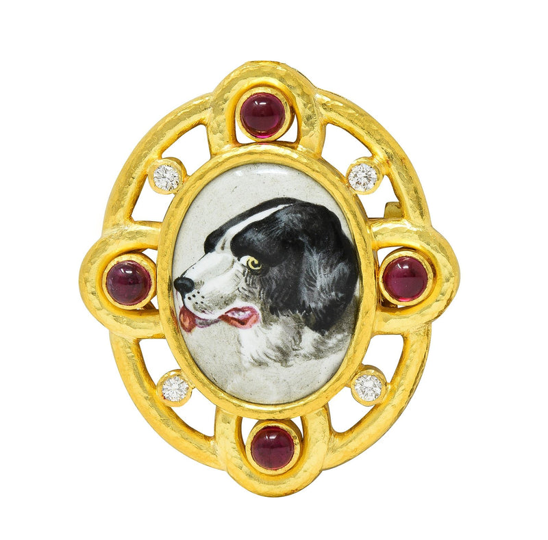 Elizabeth Locke Diamond Ruby Enamel 19 Karat Gold Dog Pendant Brooch