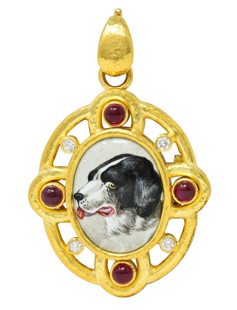 Elizabeth Locke Diamond Ruby Enamel 19 Karat Gold Dog Pendant Brooch