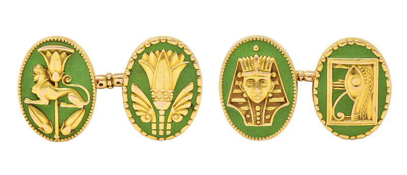 Marcus & Co. Early Art Deco Egyptian Revival Enamel 14 Karat Yellow Gold Antique Cufflinks