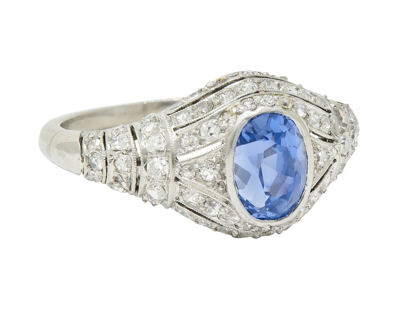 Art Deco 3.00 CTW No Heat Ceylon Blue Sapphire Diamond Platinum Bombé Vintage Ring GIA