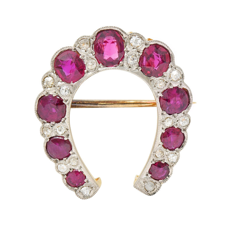 Edwardian 2.66 CTW Ruby Diamond Platinum-Topped 18 Karat Gold Antique Horseshoe Pendant Brooch