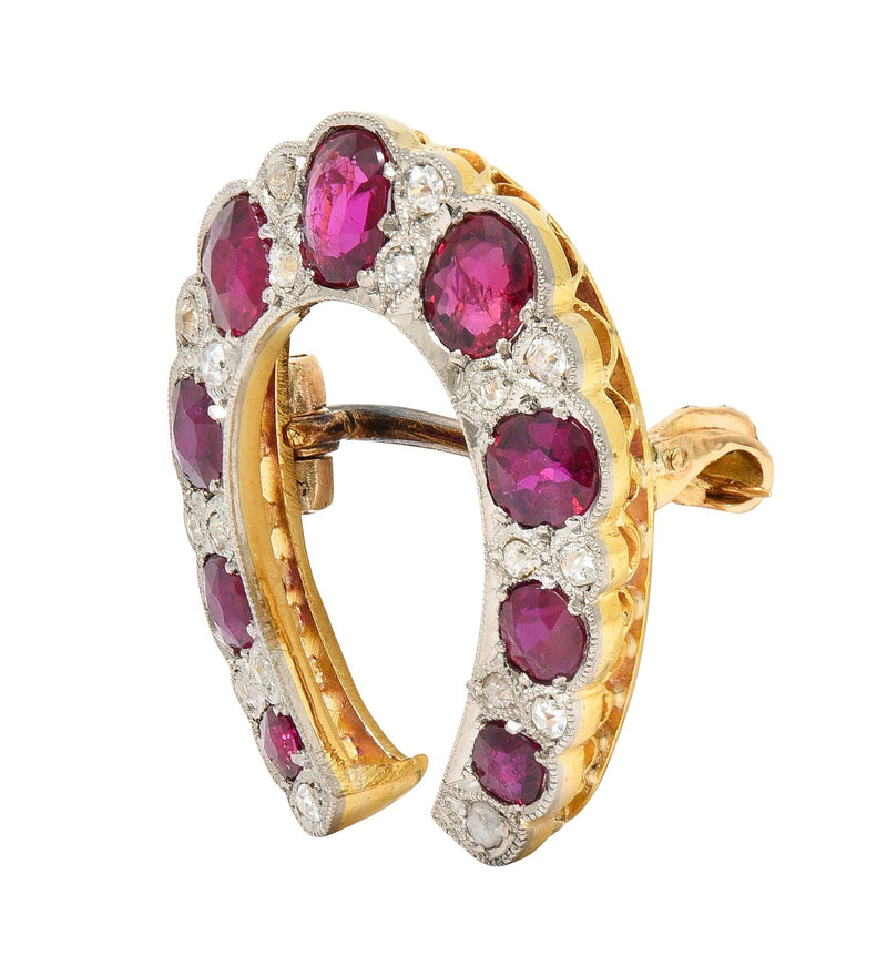 Edwardian 2.66 CTW Ruby Diamond Platinum-Topped 18 Karat Gold Antique Horseshoe Pendant Brooch