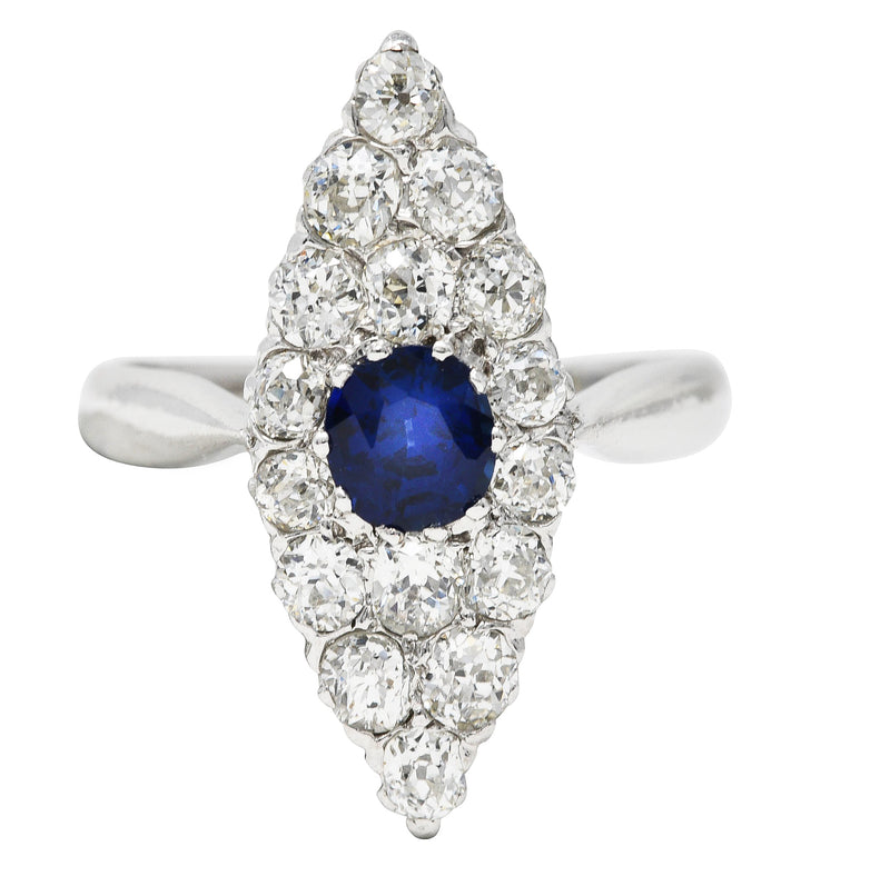 Edwardian 1.56 CTW Cushion Cut Sapphire Old Mine Cut Diamond 14 Karat White Gold Antique Navette Dinner Ring