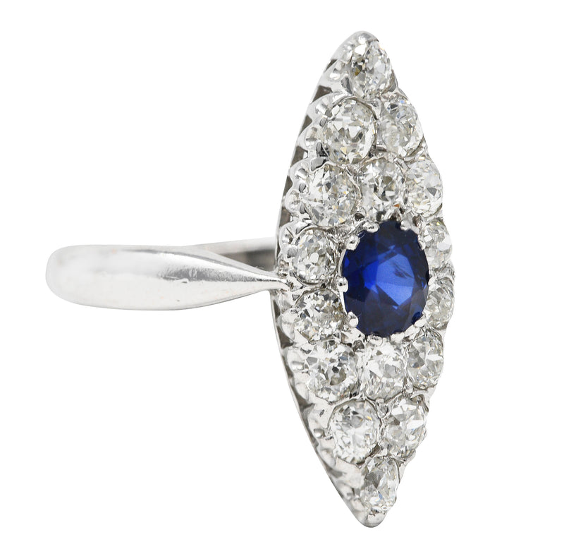 Edwardian 1.56 CTW Cushion Cut Sapphire Old Mine Cut Diamond 14 Karat White Gold Antique Navette Dinner Ring