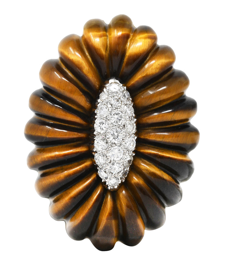 Wander France Diamond Tiger’s Eye Quartz 18 Karat Two-Tone Gold Vintage Statement Ring