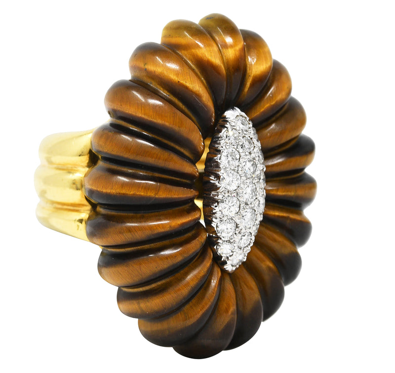 Wander France Diamond Tiger’s Eye Quartz 18 Karat Two-Tone Gold Vintage Statement Ring