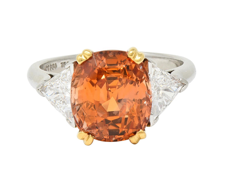 Tiffany & Co. 8.61 CTW Orange Sapphire Diamond 18 Karat Gold Platinum Vintage Three Stone Ring