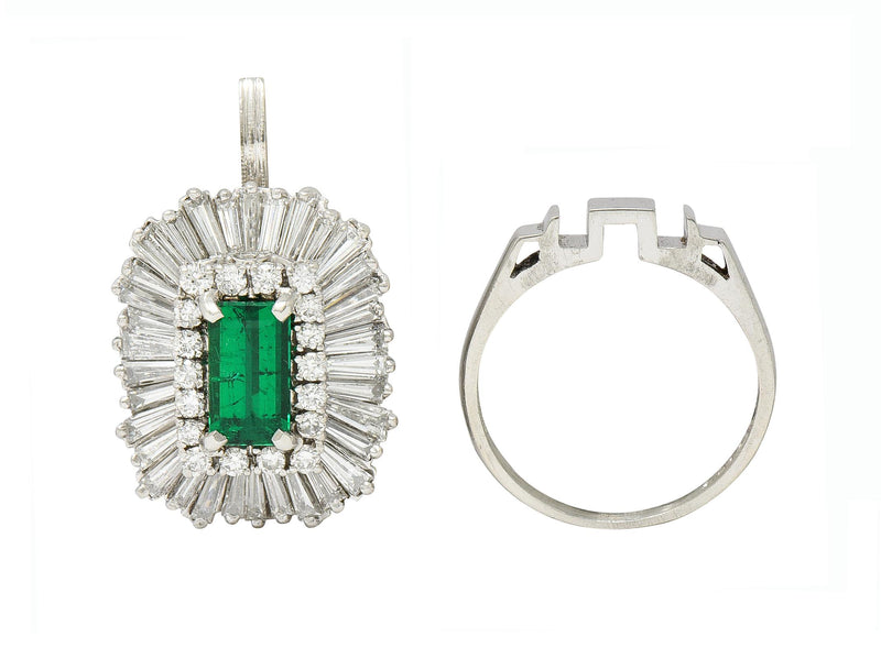 Mid-Century 4.22 CTW Emerald Diamond Platinum Ballerina Halo Convertible Vintage Pendant Ring GIA