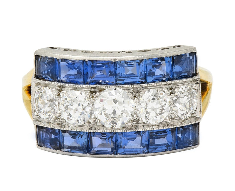 Art Deco 2.80 CTW Diamond Sapphire Platinum 18 Karat Gold Vintage Band Ring