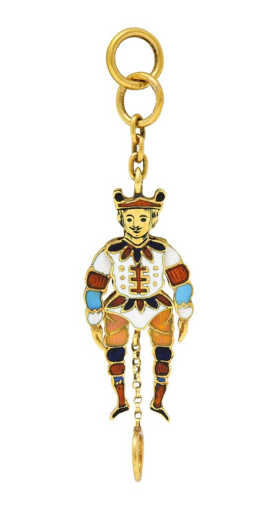 Victorian French Enamel 18 Karat Yellow Gold Jester Articulated Antique Charm