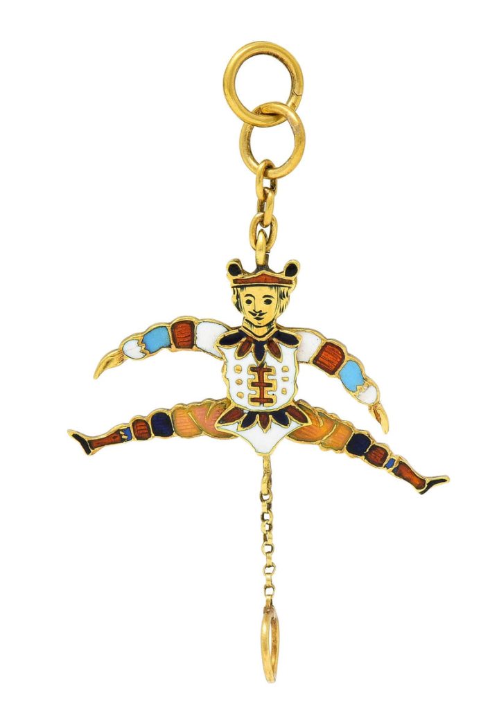 Victorian French Enamel 18 Karat Yellow Gold Jester Articulated Antique Charm