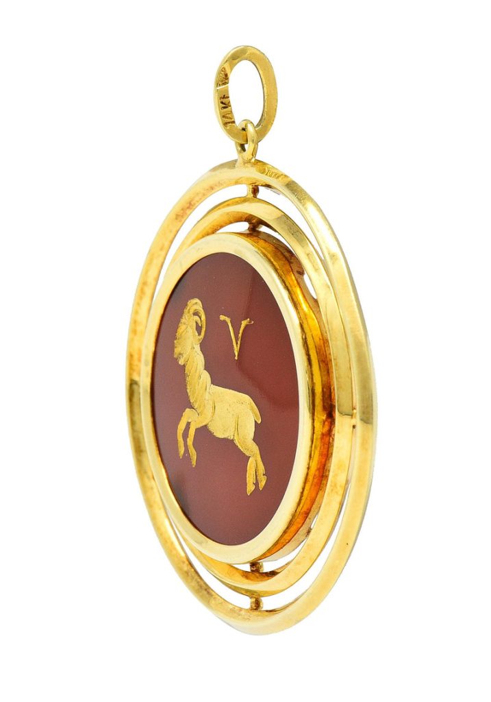 1970’s Carnelian 14 Karat Yellow Gold Aries Zodiac Intaglio Vintage Pendant