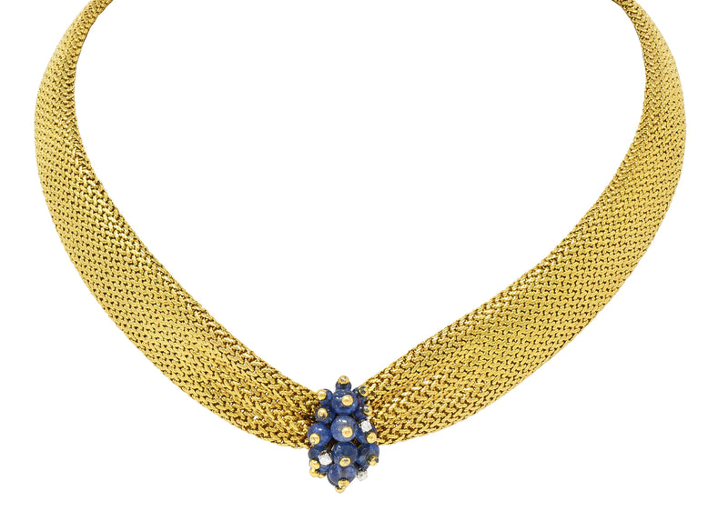 Van Cleef & Arpels France Georges L’Enfant Retro Sapphire Diamond 18 Karat Gold Vintage Mesh Collar Necklace