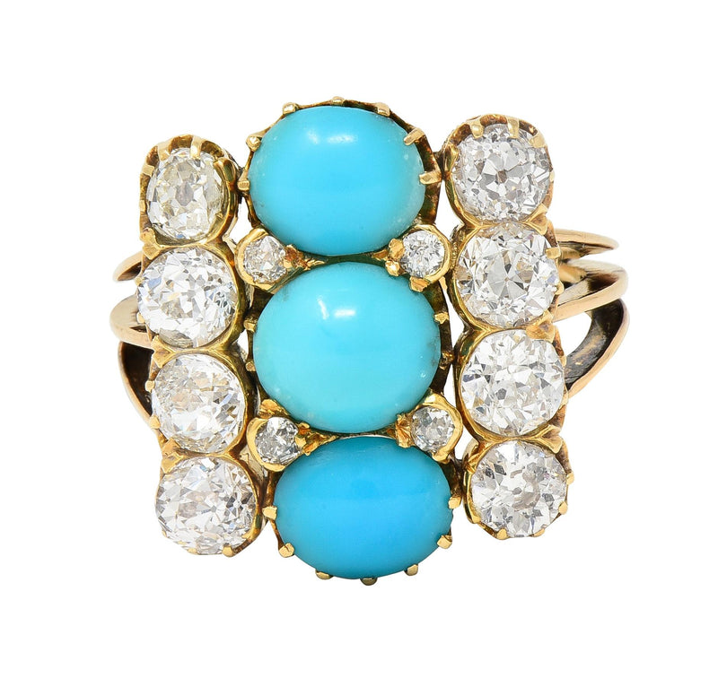 Victorian 2.01 CTW Diamond Turquoise 18 Karat Yellow Gold Antique Dinner Ring