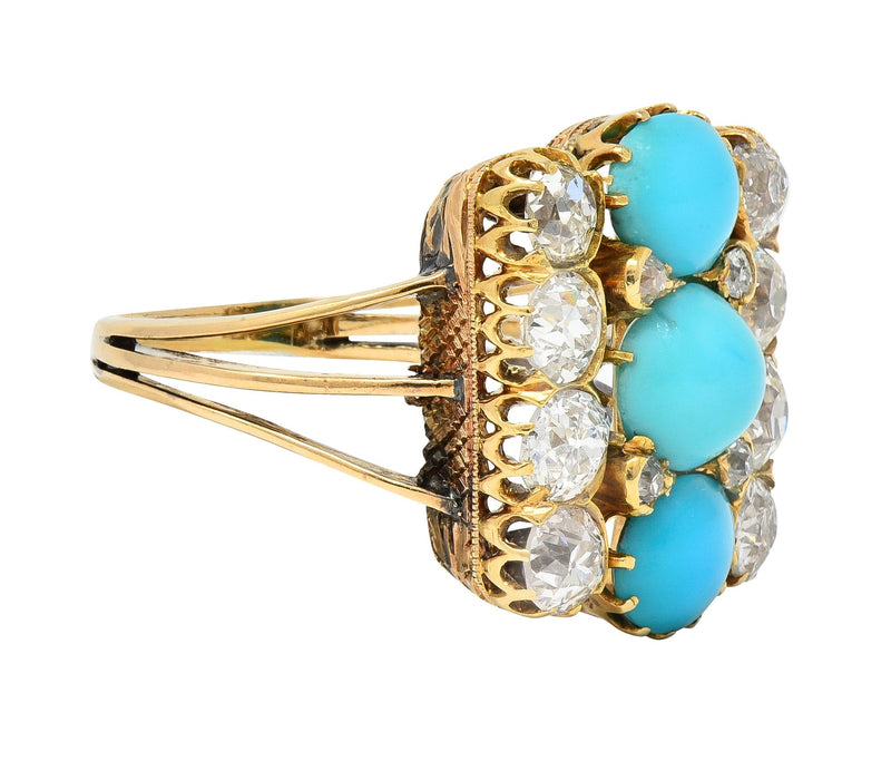 Victorian 2.01 CTW Diamond Turquoise 18 Karat Yellow Gold Antique Dinner Ring