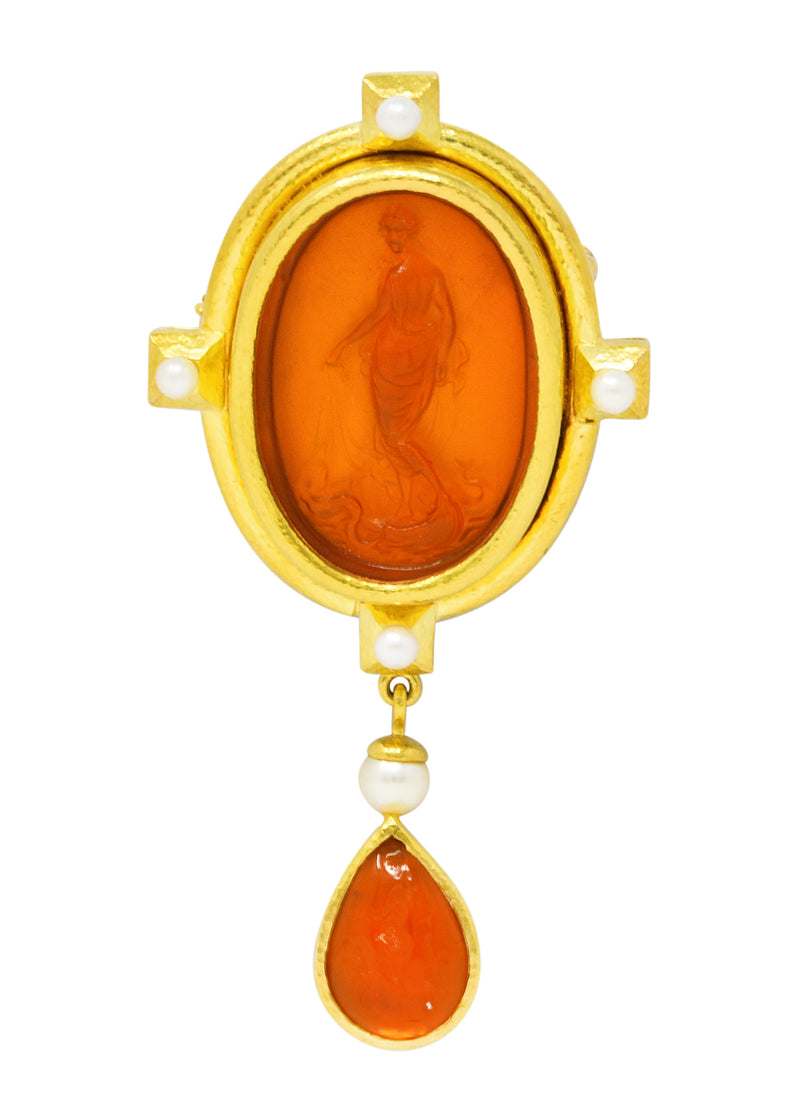 Elizabeth Locke Pearl Venetian Glass Mother-Of-Pearl 18 Karat Gold Cameo Intaglio Greek Goddess Vintage Pendant Brooch