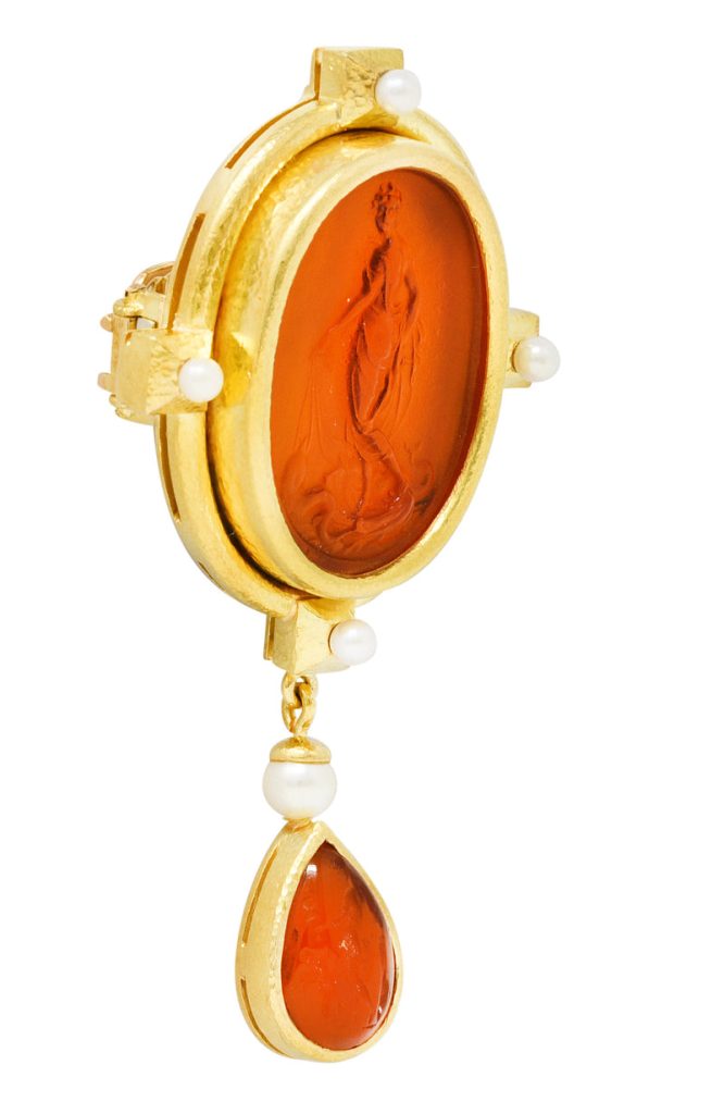 Elizabeth Locke Pearl Venetian Glass Mother-Of-Pearl 18 Karat Gold Cameo Intaglio Greek Goddess Vintage Pendant Brooch