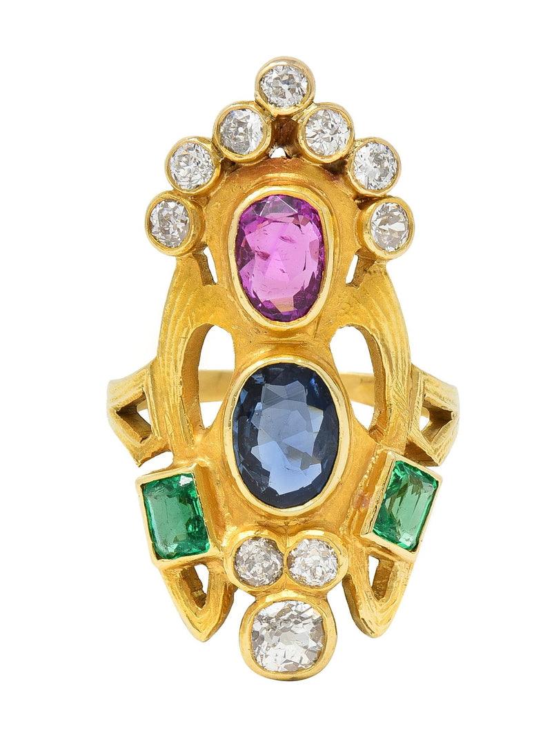 Arts & Crafts 3.73 CTW Ruby Emerald Sapphire Diamond 18 Karat Yellow Gold Antique Navette Ring