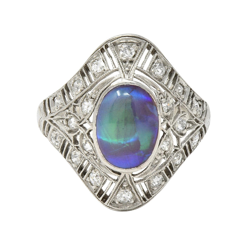 Art Deco Jelly Opal Cabochon Diamond Platinum Lotus Vintage Filigree Dinner Ring