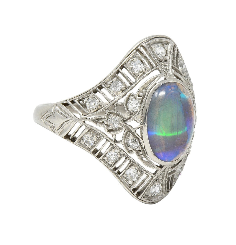 Art Deco Jelly Opal Cabochon Diamond Platinum Lotus Vintage Filigree Dinner Ring