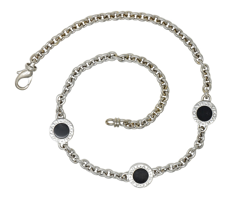 Bulgari 1990’s Onyx 18 Karat White Gold Chain Link Station Necklace