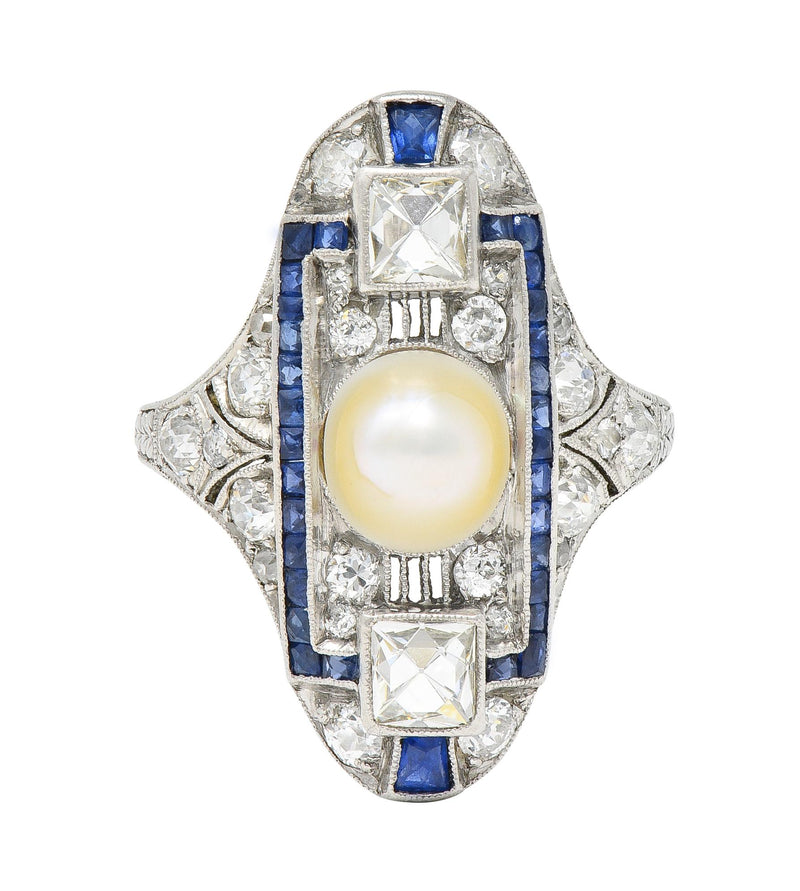 Art Deco 2.48 CTW Natural Pearl Diamond Sapphire Platinum Antique Dinner Ring