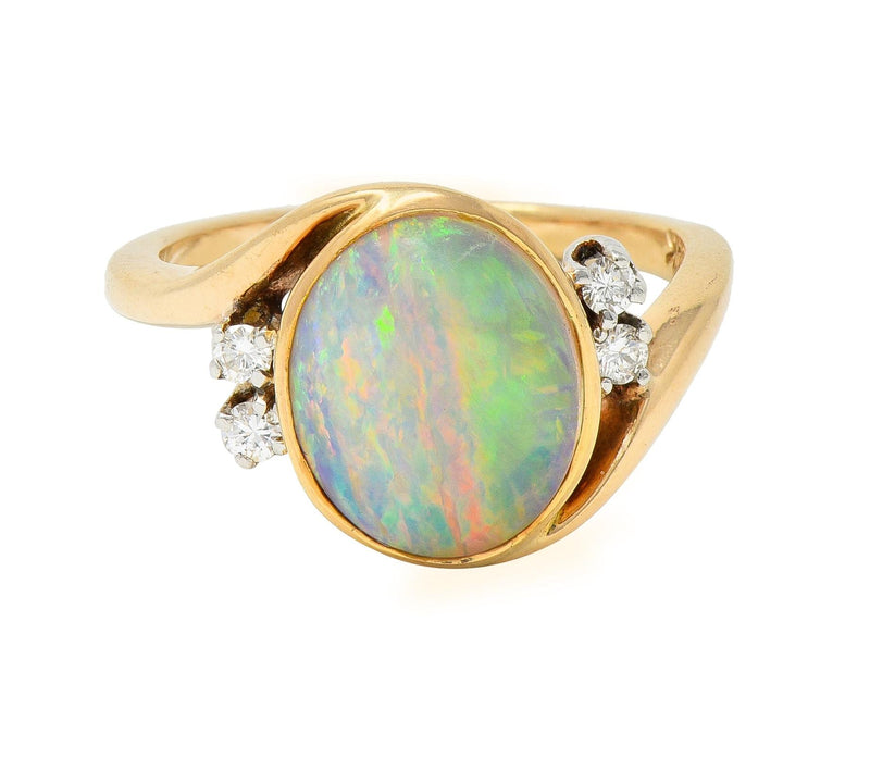 Vintage Opal Cabochon Diamond Platinum 14 Karat Yellow Gold Bypass Ring