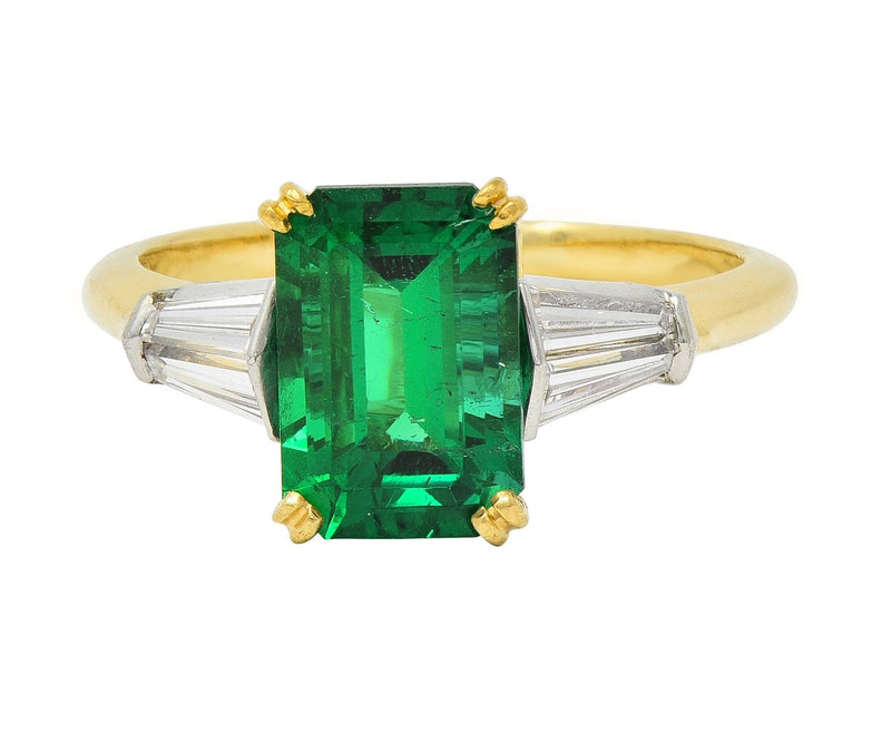 Tiffany & Co. 1990’s 3.15 CTW Emerald Diamond Platinum 18 Karat Yellow Gold Vintage Ring AGL