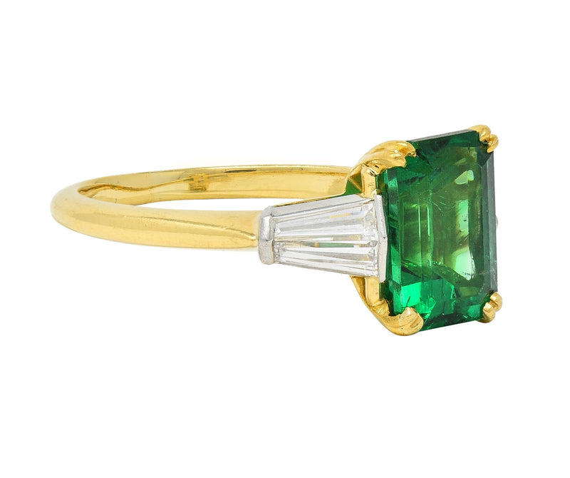 Tiffany & Co. 1990’s 3.15 CTW Emerald Diamond Platinum 18 Karat Yellow Gold Vintage Ring AGL