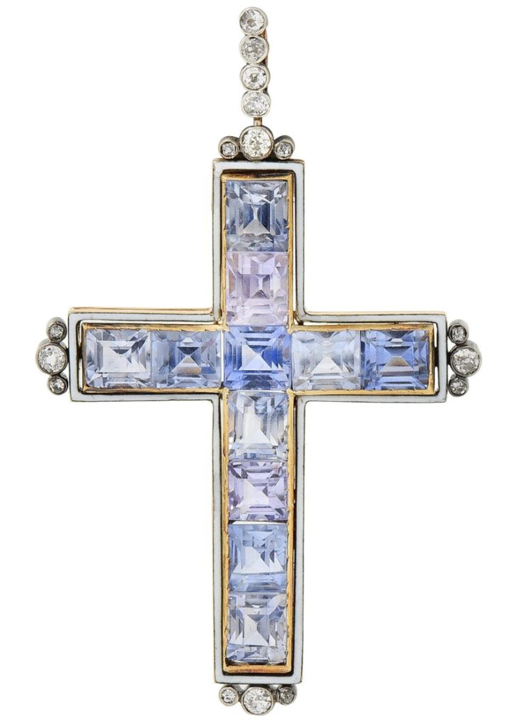 Victorian 20.87 CTW Sapphire Diamond Enamel Silver 14 Karat Gold Antique Cross Pendant