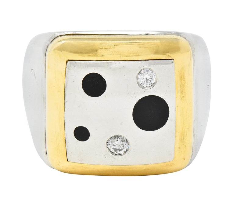 Tivol 1990s Diamond Onyx Platinum 18 Karat Gold Inlay Vintage Signet Ring