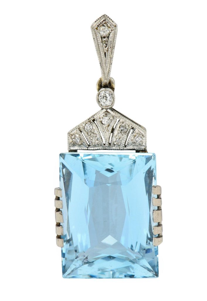 Art Deco 20.62 CTW Aquamarine Diamond Platinum 18 Karat Gold Vintage Pendant