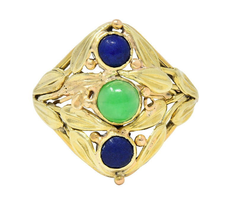 Arts & Crafts Jade Lapis Lazuli 14 Karat Two-Tone Gold Foliate Navette Antique Ring